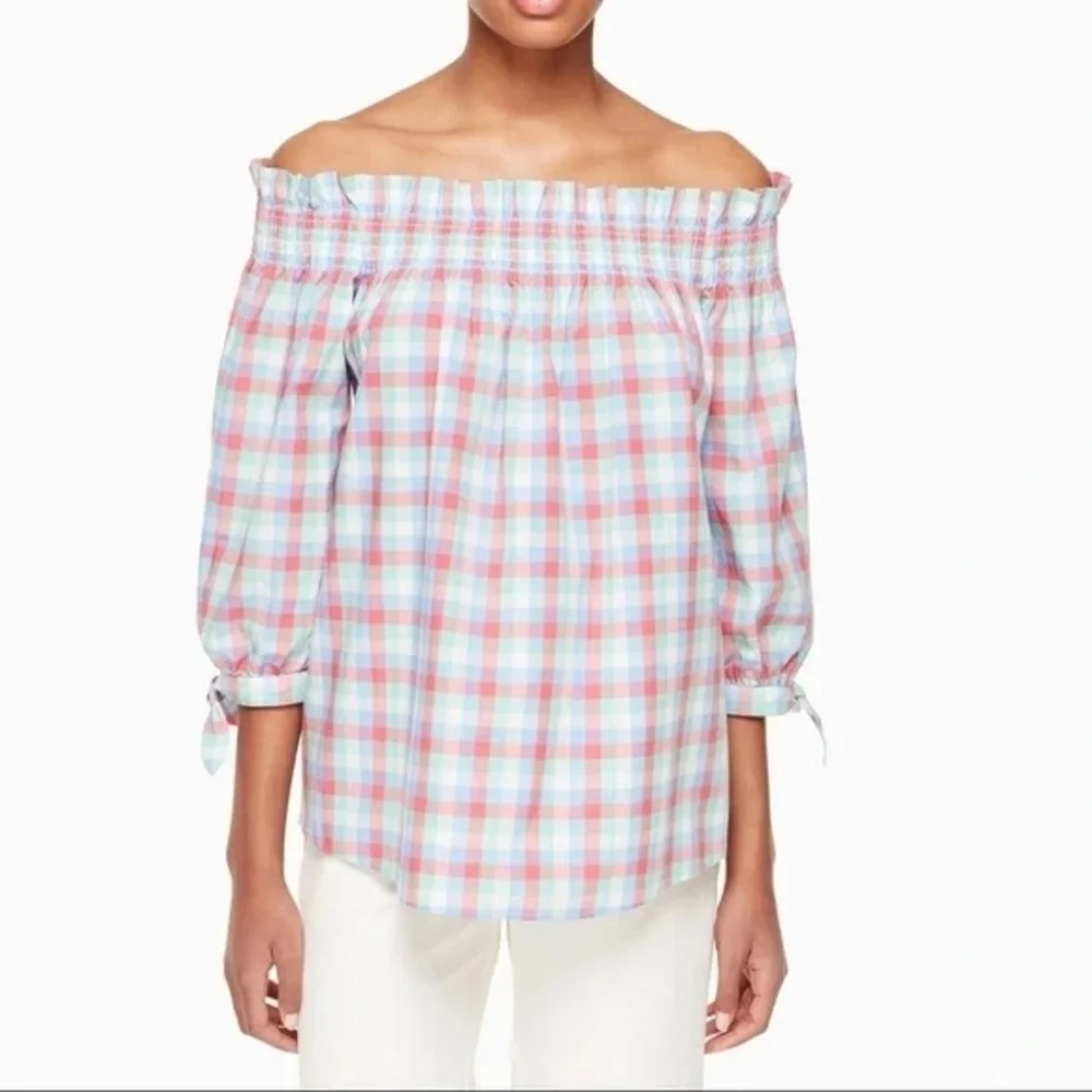 Kate Spade Nwot Madras Plaid Off Shoulder Cotton Top Broome St Size M